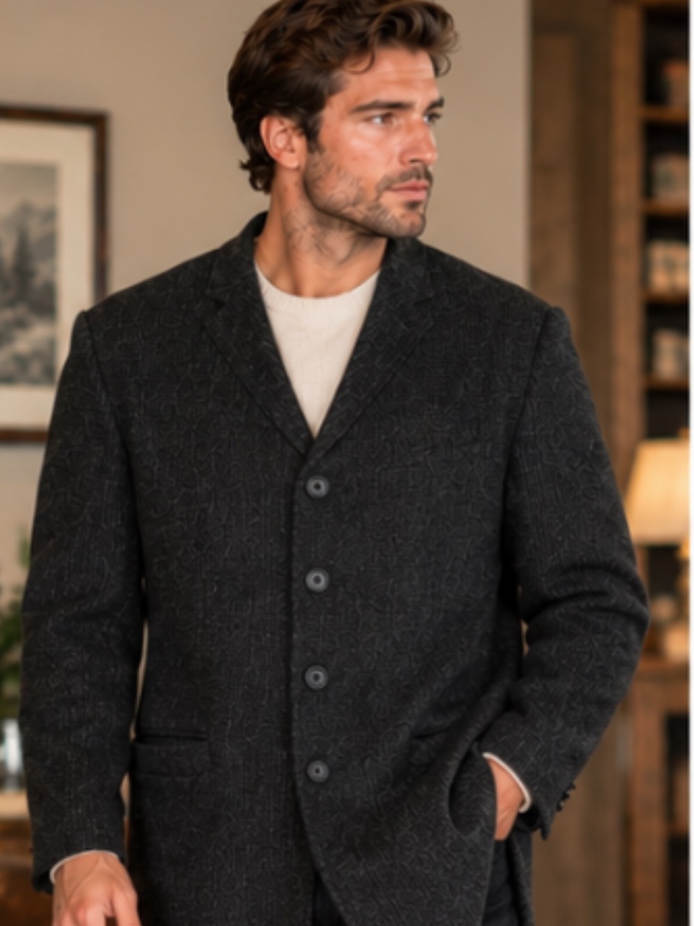 STONES Mens Wool Blend Charcoal Gray Long Blazer Coat Size 52 42 Textured